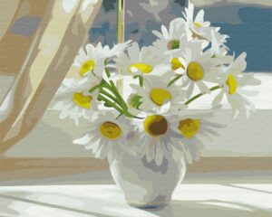 Värvi numbrite järgi „Chamomiles in a white vase on the window“  (50x40 cm)