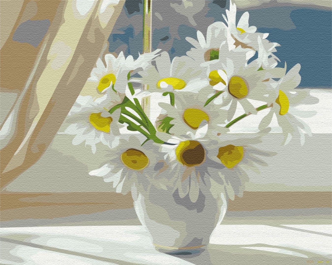 Tapybos rinkinys "Chamomiles in a white vase on the window"  (50cm x 40cm)